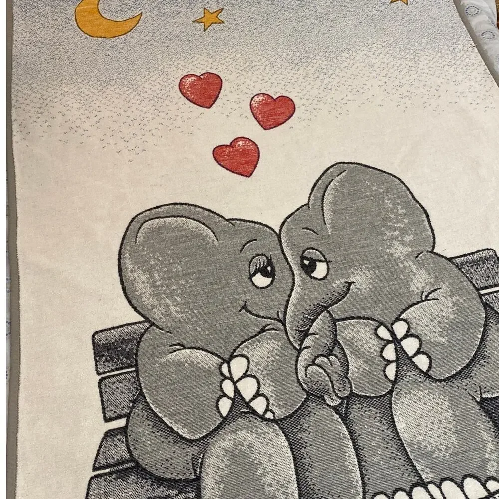 Vintage Elephant Blanket 50 x 70 Love Star Moon Hearts 1980s Biederlack Retro